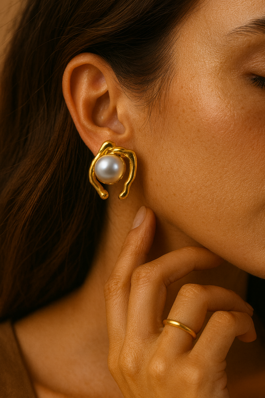 Gold Pearl Sculptural Stud Earrings LE10152