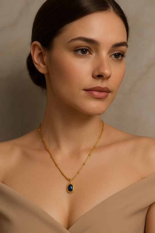 Gold Pendant Necklace with Deep Blue Stone – Elegant Minimalist Jewelry LN10140