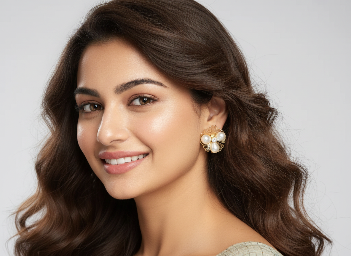Gold Petal Flower Stud Earrings with Crystal Center – Elegant Statement Jewelry LE10279