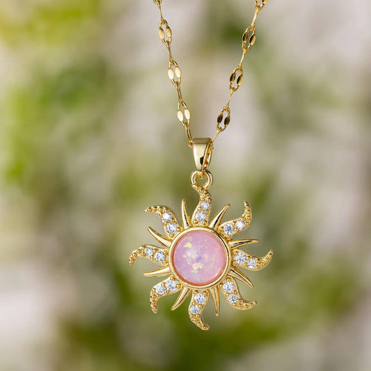 Gold Pink Sunburst Pendant Necklace LN10183
