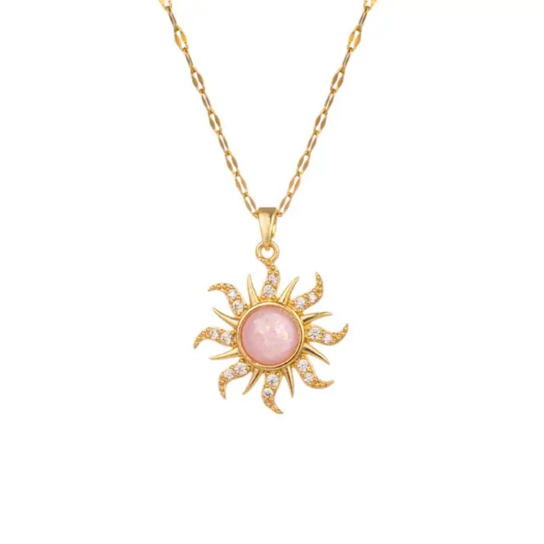 Gold Pink Sunburst Pendant Necklace LN10183