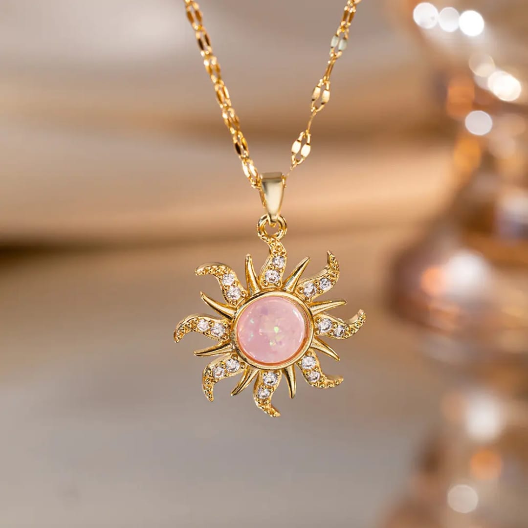 Gold Pink Sunburst Pendant Necklace LN10183