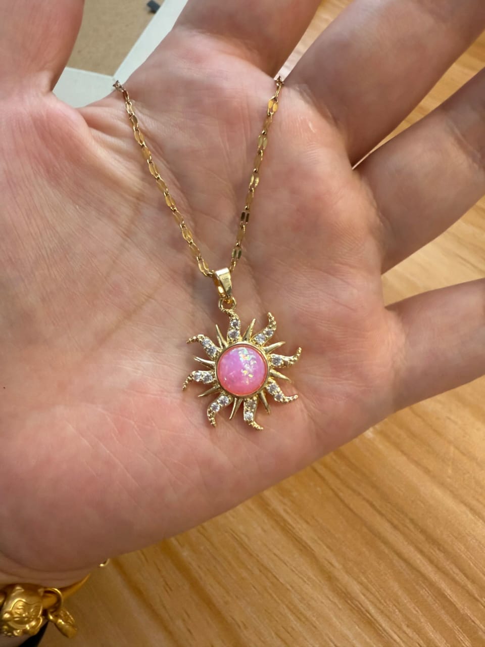 Gold Pink Sunburst Pendant Necklace LN10183