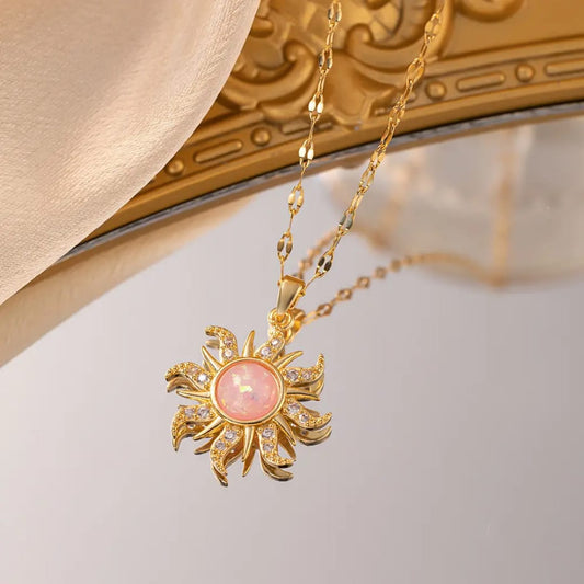 Gold Pink Sunburst Pendant Necklace LN10183