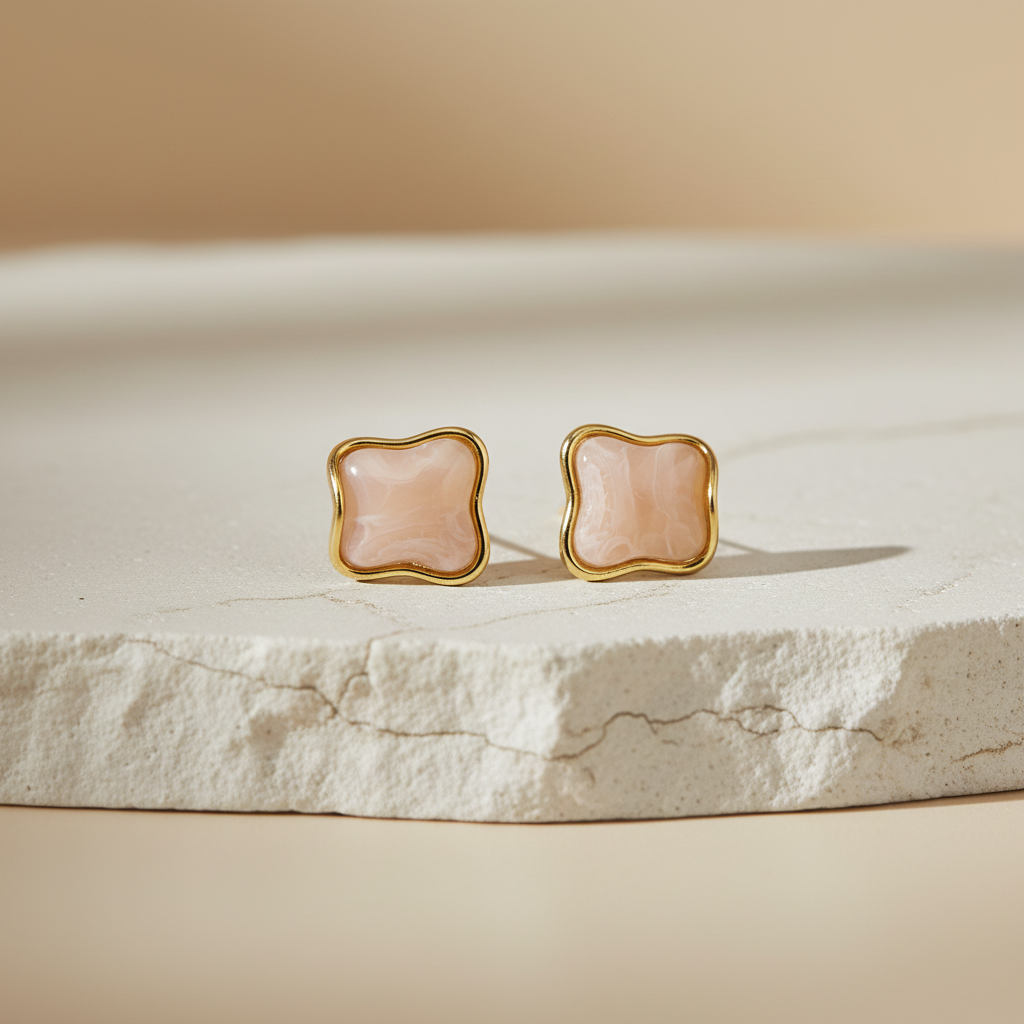 Gold Plated Blush Pink Enamel Square Stud Earrings – Minimal Elegant Jewelry LE10347
