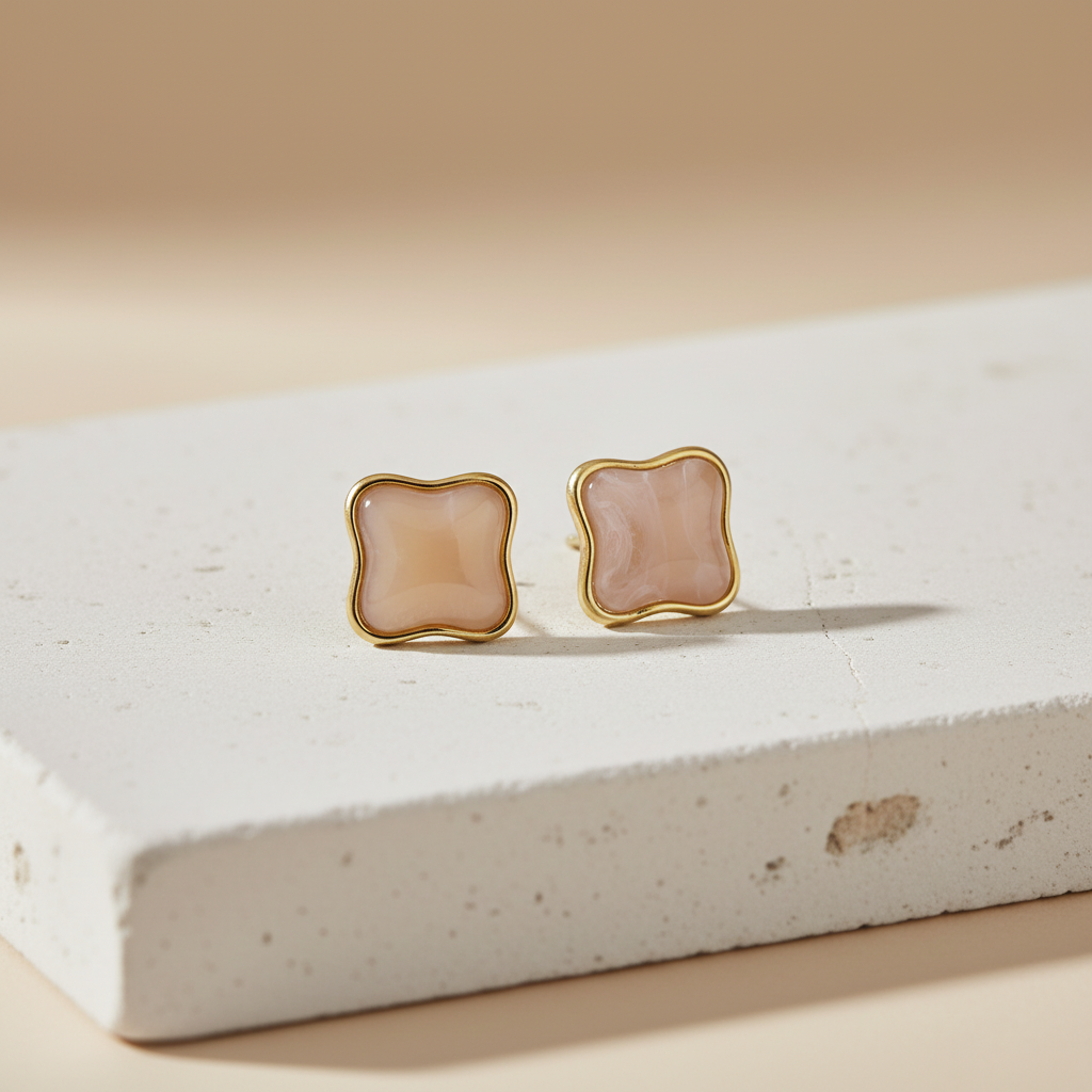 Gold Plated Blush Pink Enamel Square Stud Earrings – Minimal Elegant Jewelry LE10347