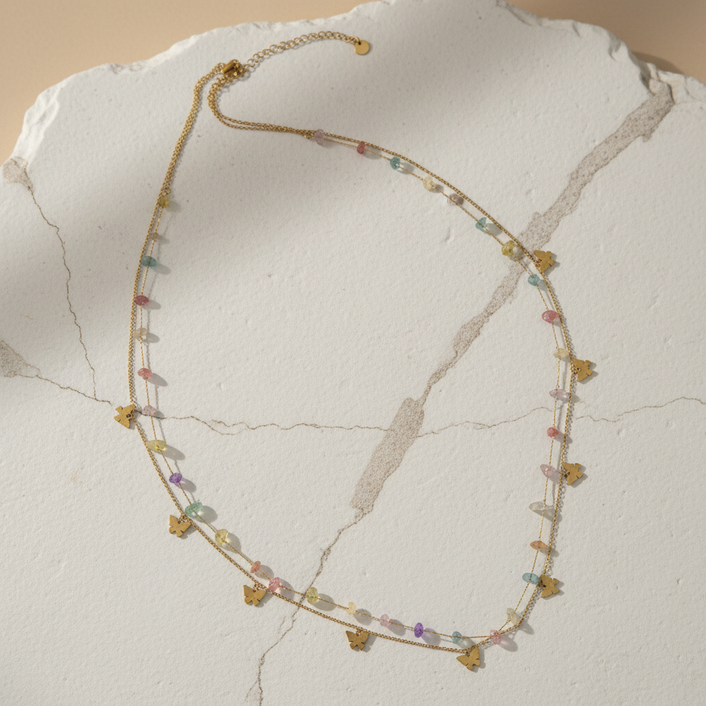 Gold Plated Butterfly & Gemstone Belly Chain – Pastel Boho Body Jewelry LBC10111