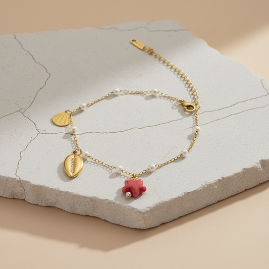 Gold Plated Cowrie Shell & Pearl Anklet with Red Star Charm – Coastal Boho Jewelry LA10113