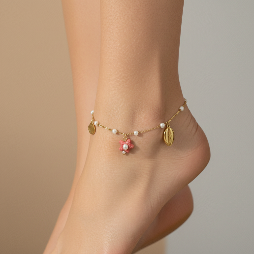 Gold Plated Cowrie Shell & Pearl Anklet with Red Star Charm – Coastal Boho Jewelry LA10113