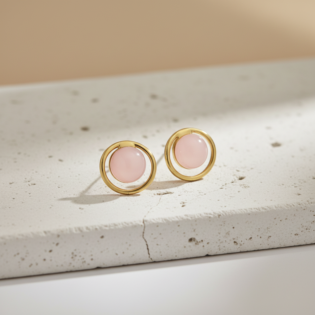 Gold Plated Pink Enamel Round Stud Earrings – Minimal Elegant Jewelry LE10348