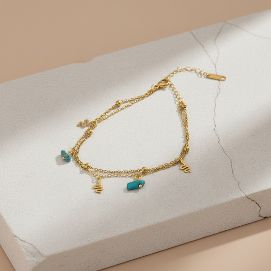 Gold Plated Snake Charm Anklet with Turquoise Beads – Boho Minimal Layered Jewelry LA10115