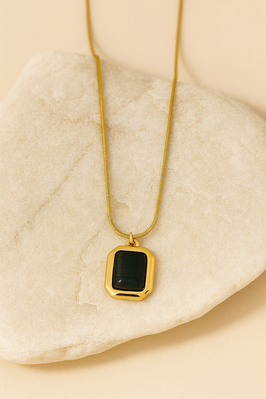 Gold Rectangle Onyx Pendant Snake Chain Necklace LN10226