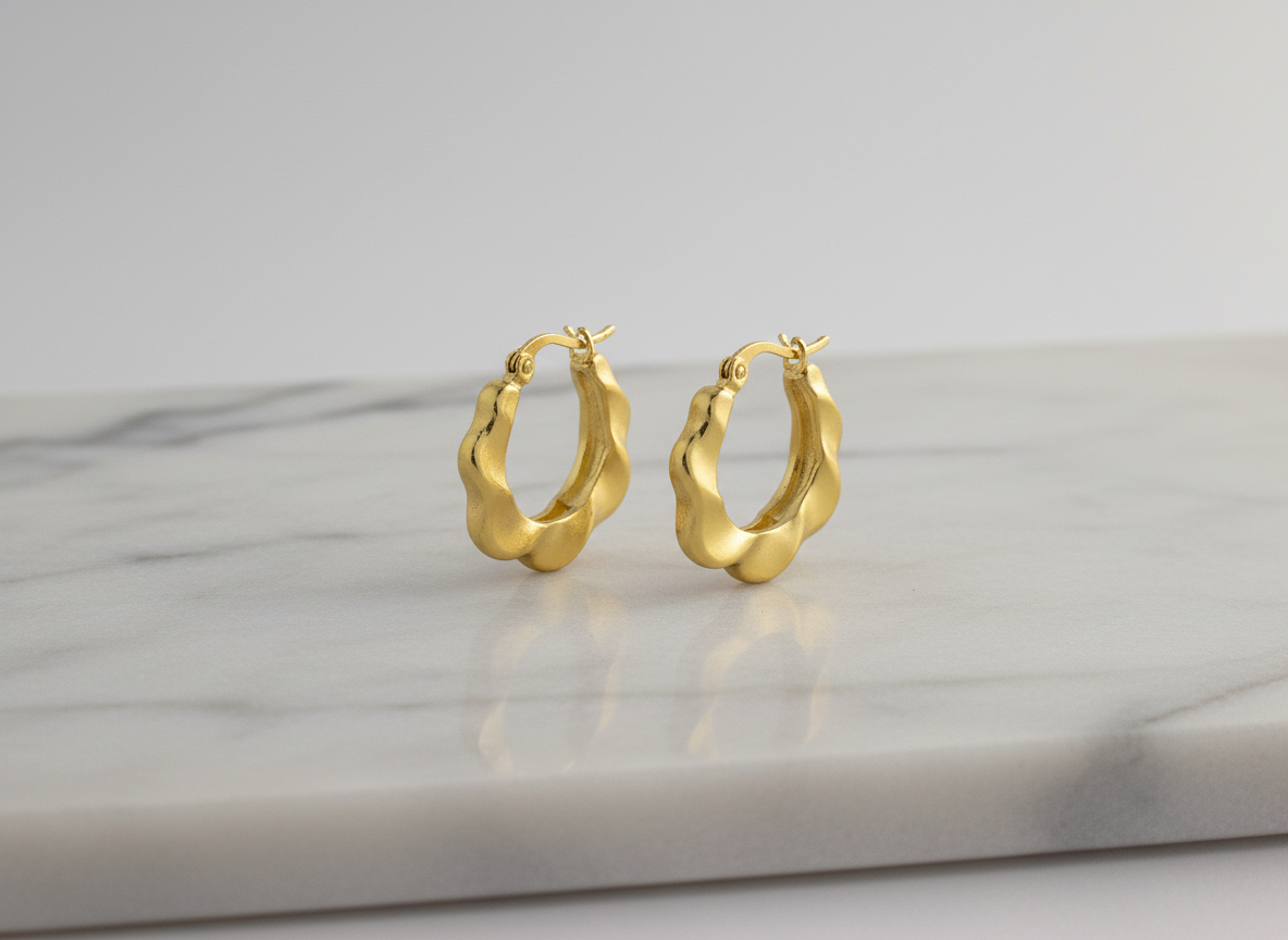 Gold Ripple Hoop Earrings – Sculpted Minimalist Statement Hoops for Women LE10308