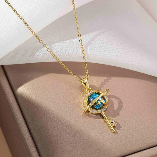 Gold Saturn Planet & Key Pendant Necklace LN10176