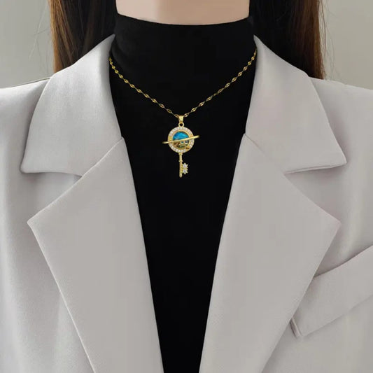 Gold Saturn Planet & Key Pendant Necklace LN10176