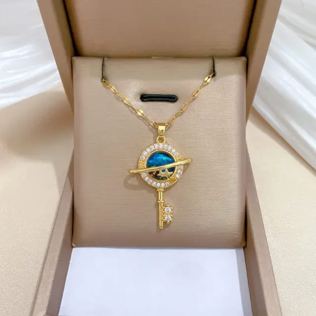 Gold Saturn Planet & Key Pendant Necklace LN10176