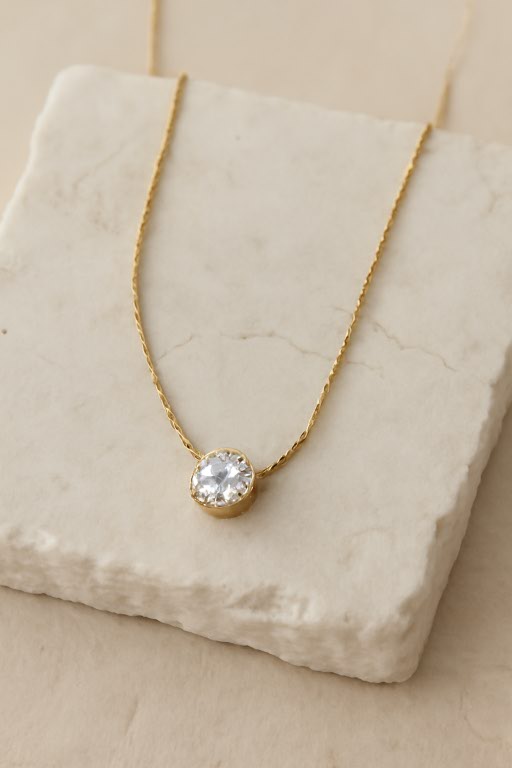 Gold Solitaire Necklace with Round Crystal Pendant – Minimalist Everyday Jewelry LN10149