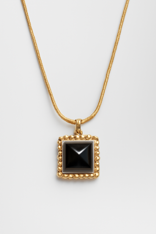 Gold Square Pendant Necklace with Black Onyx – Vintage Inspired Gold Vermeil Jewelry  Bold Statement Necklace LN10130