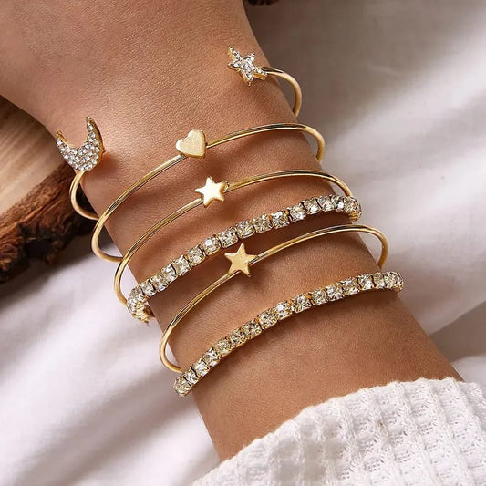 Gold Star & Moon Adjustable Cuff Bracelet Set LB10109