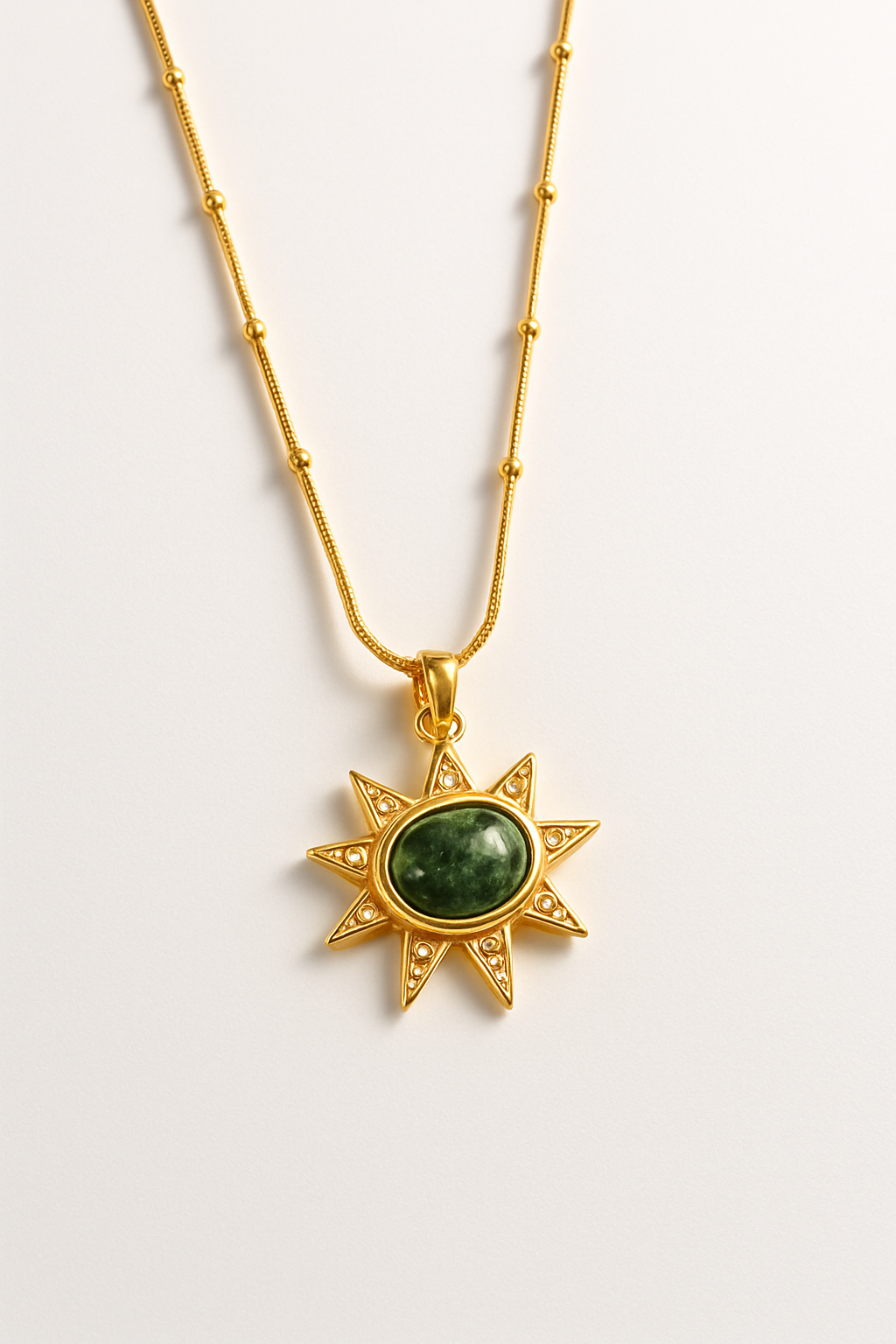 Gold Sunburst Pendant Necklace with Green Stone – Celestial Gold Vermeil Jewelry LN10129