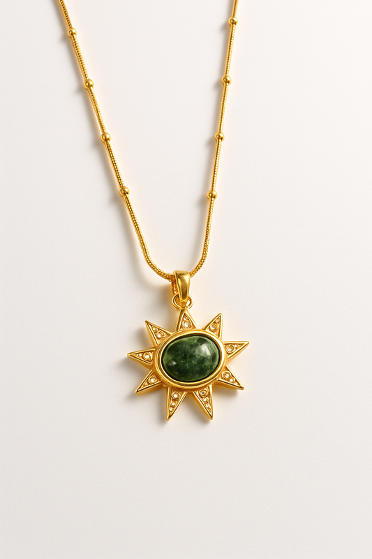 Gold Sunburst Pendant Necklace with Green Stone – Celestial Gold Vermeil Jewelry LN10129