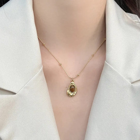 Gold Teardrop Brown Stone Pendant Necklace LN10202