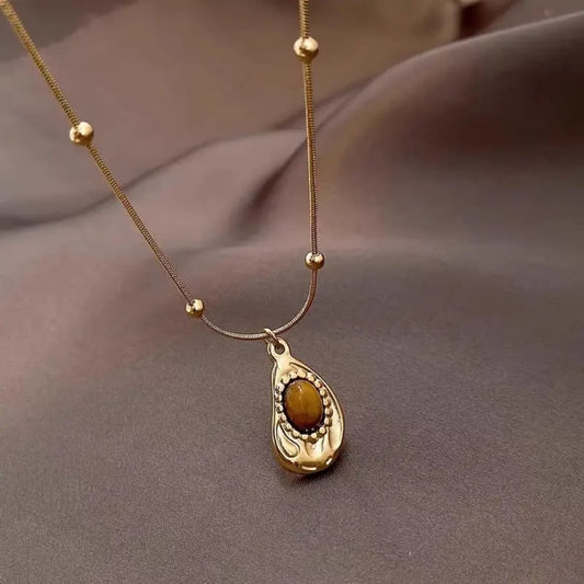 Gold Teardrop Brown Stone Pendant Necklace LN10202