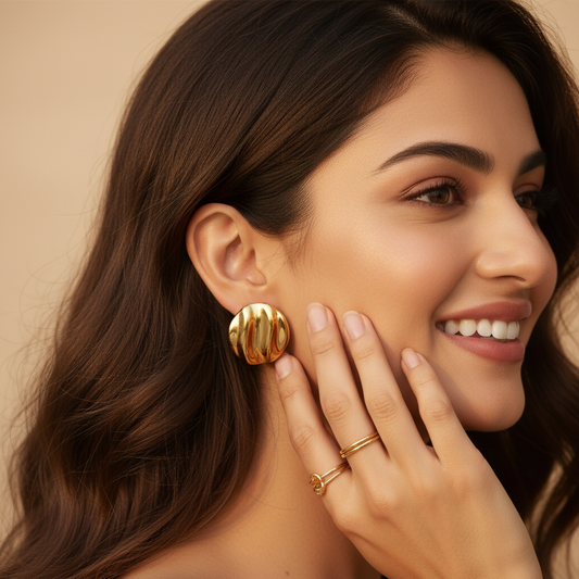 Gold Textured Dome Earrings for Women – Modern Statement Studs LE10283