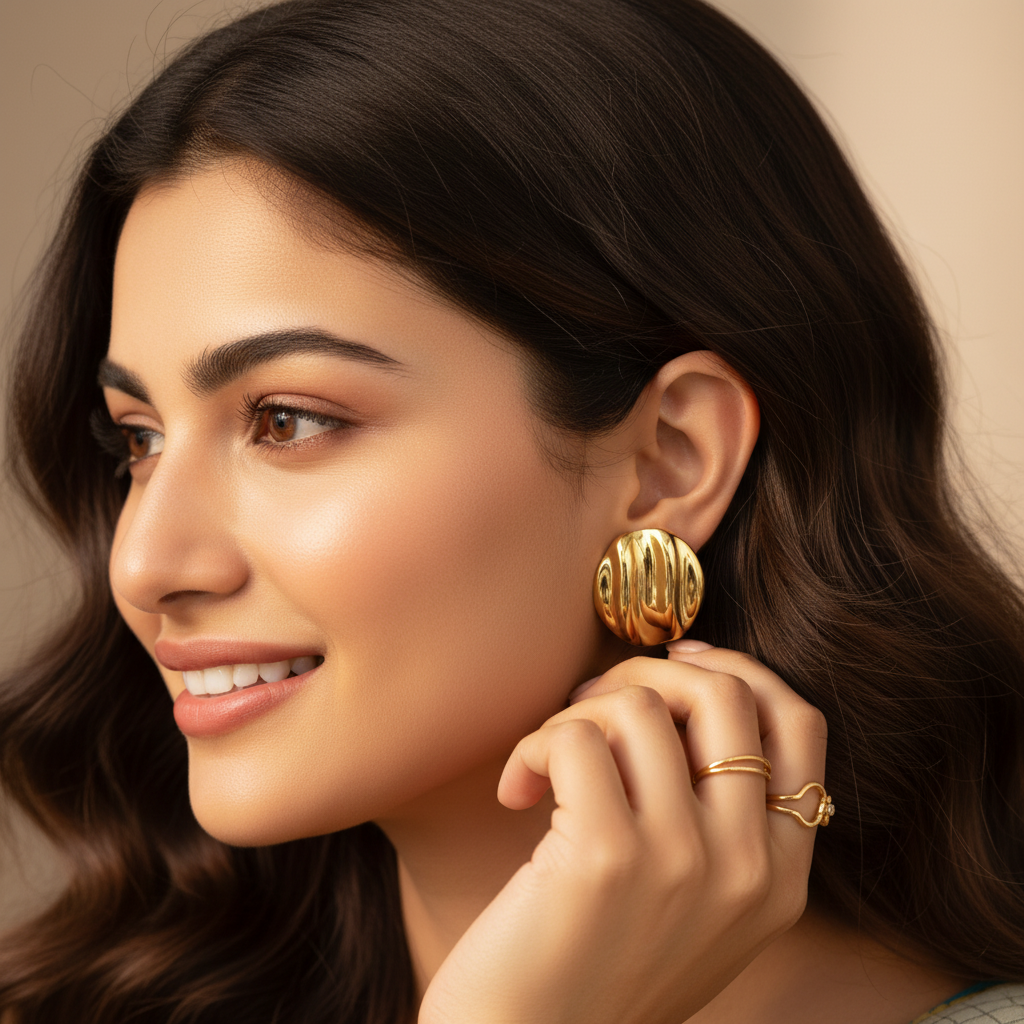 Gold Textured Dome Earrings for Women – Modern Statement Studs LE10283