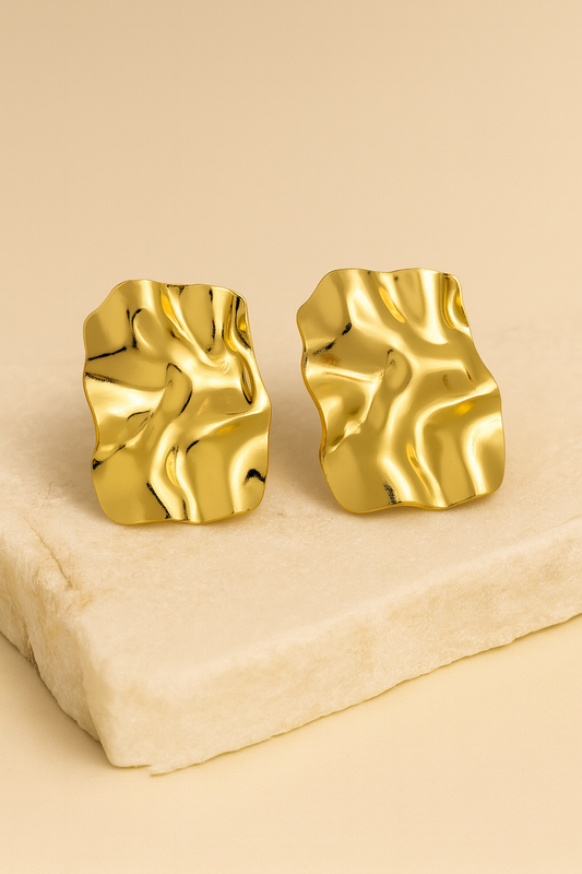Gold Textured Foil Rectangle Stud Earrings LE12242