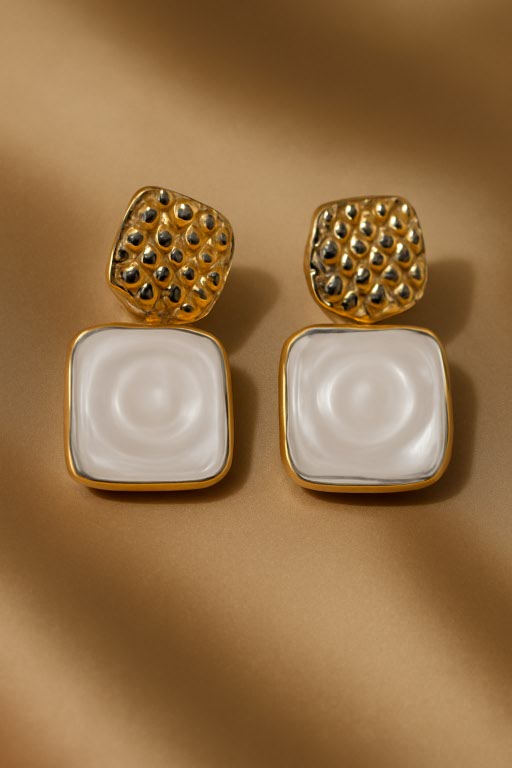 Gold Textured Mother of Pearl Drop Earrings LE10178