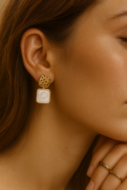Gold Textured Mother of Pearl Drop Earrings LE10178