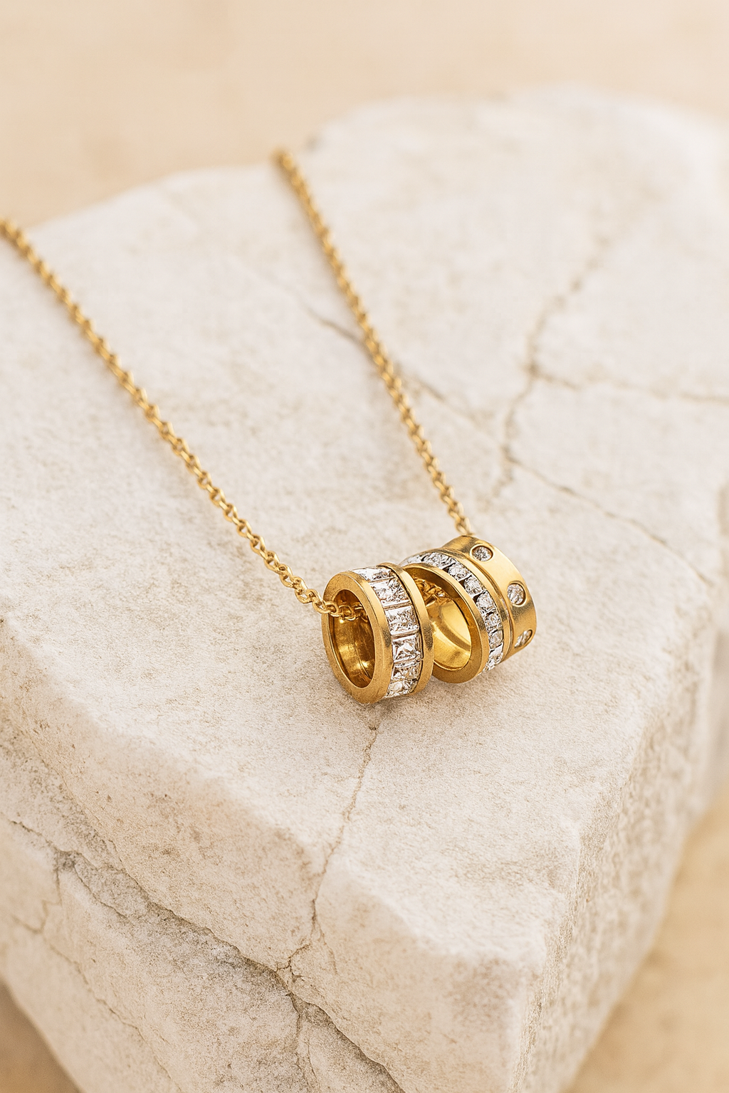Gold Trio Ring Pendant Necklace with CZ Stones – Modern Gold Vermeil Jewelry LN10132