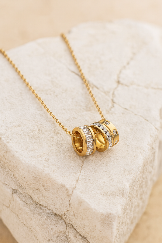 Gold Trio Ring Pendant Necklace with CZ Stones – Modern Gold Vermeil Jewelry LN10132