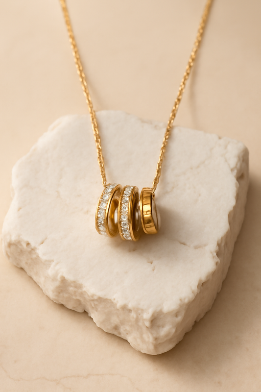 Gold Trio Ring Pendant Necklace with CZ Stones – Modern Gold Vermeil Jewelry LN10132