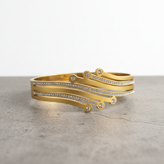 Gold Triple-Layer Diamond Bangle – Modern Curved Design Bracelet LB10201
