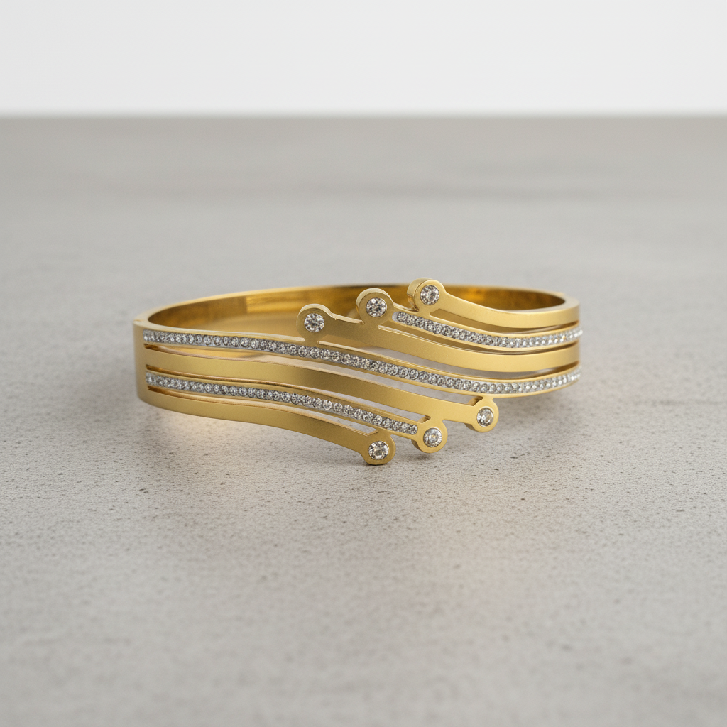 Gold Triple-Layer Diamond Bangle – Modern Curved Design Bracelet LB10201