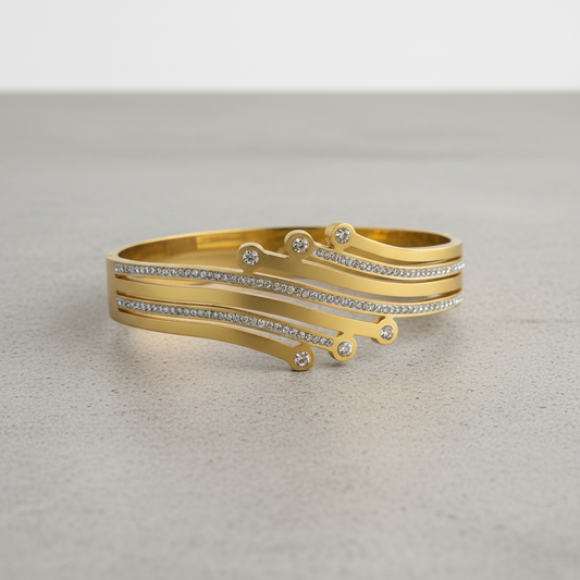 Gold Triple-Layer Diamond Bangle – Modern Curved Design Bracelet LB10201
