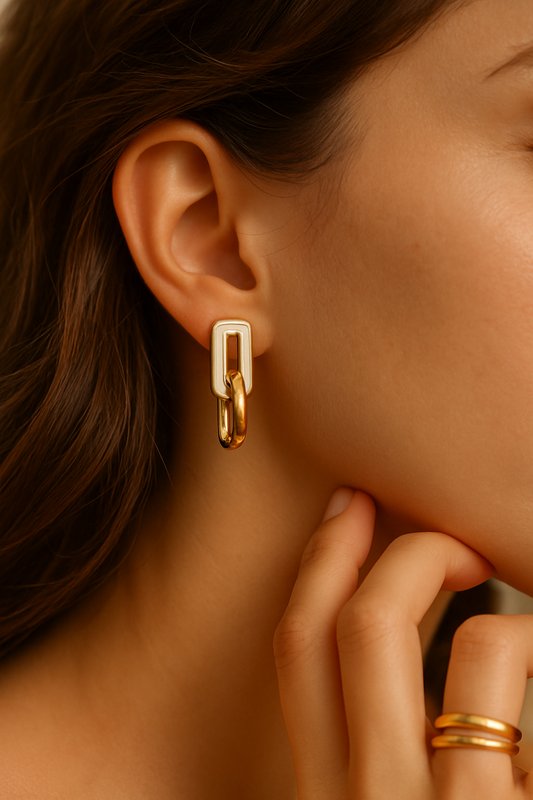 Gold White Enamel Link Earrings LE10169