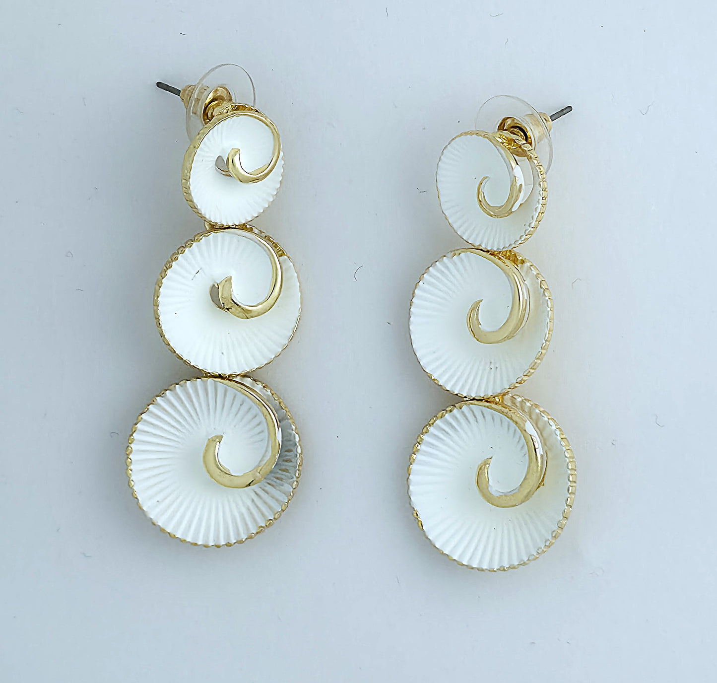 Gold White Enamel Spiral Disc Drop Earrings LE10245