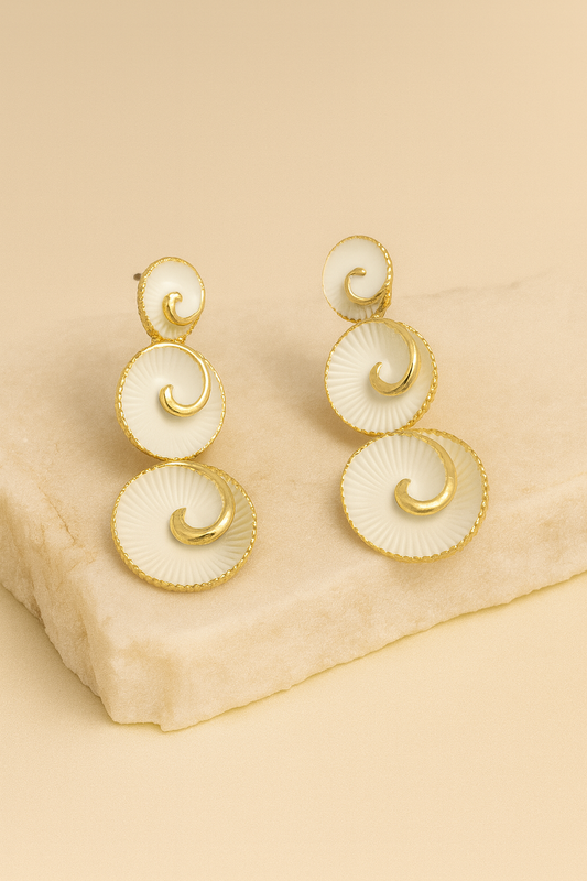 Gold White Enamel Spiral Disc Drop Earrings LE10245