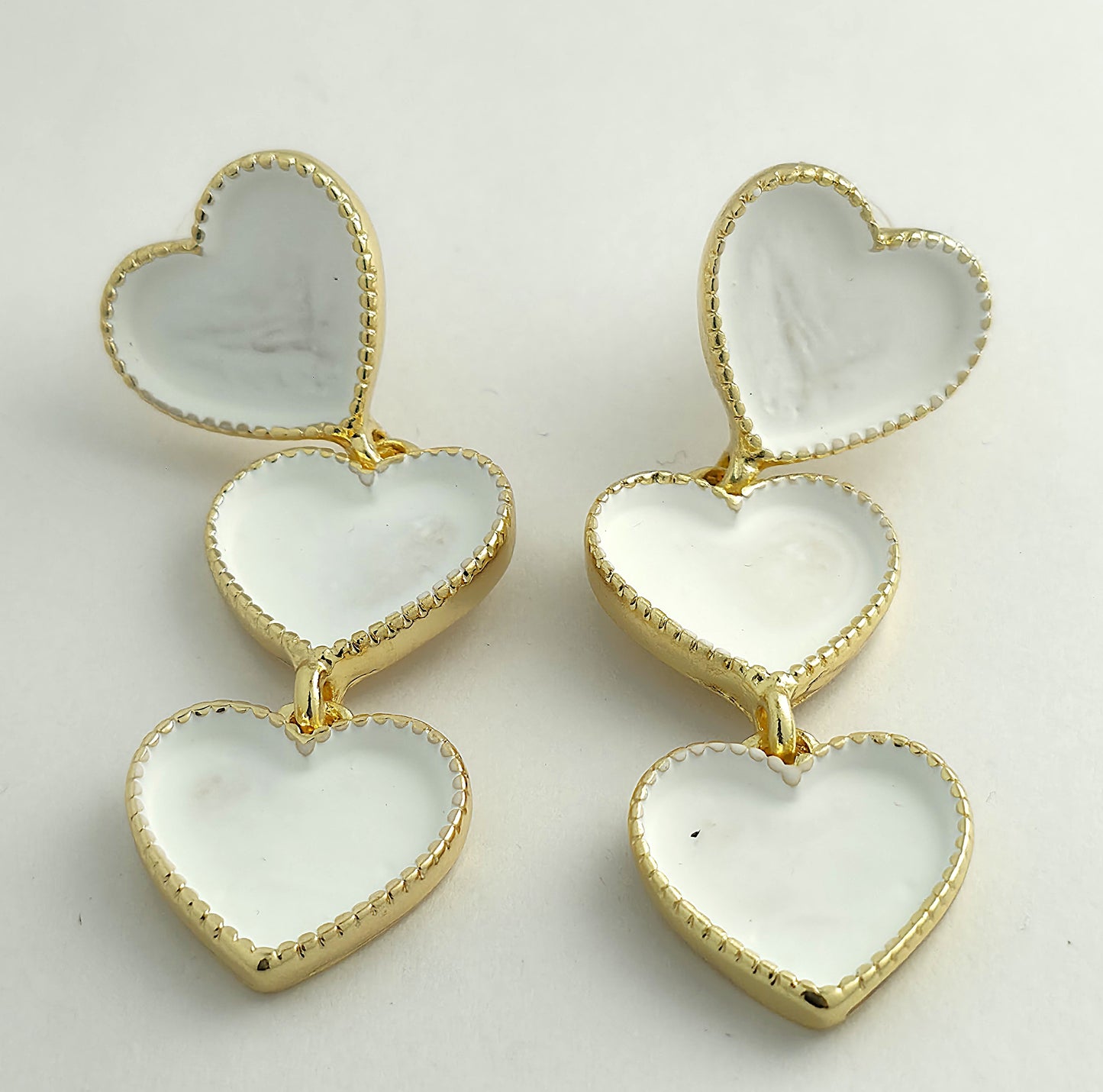 Gold White Enamel Triple Heart Drop Earrings LE10248