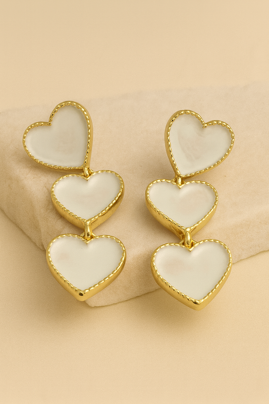 Gold White Enamel Triple Heart Drop Earrings LE10248