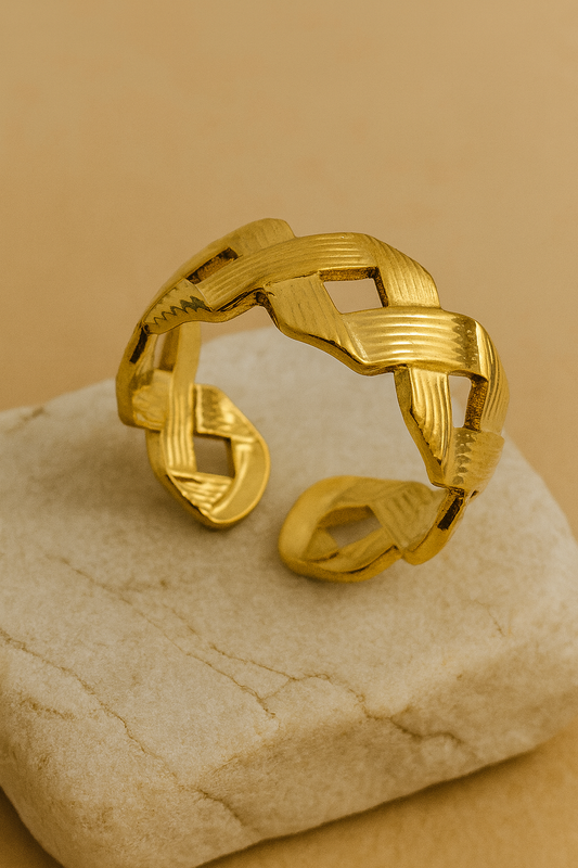 Gold Woven Lattice Open Adjustable Ring LR10133