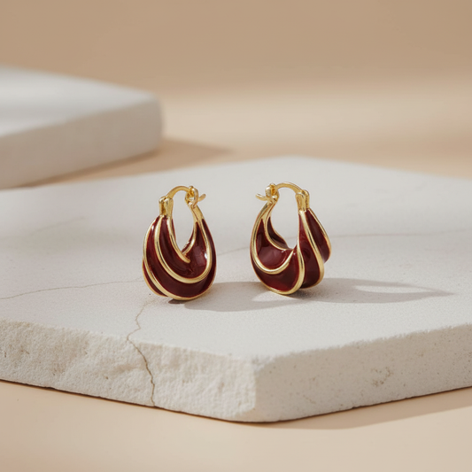 Gold and Maroon Enamel Hoop Earrings – Elegant Twisted Design LE10322