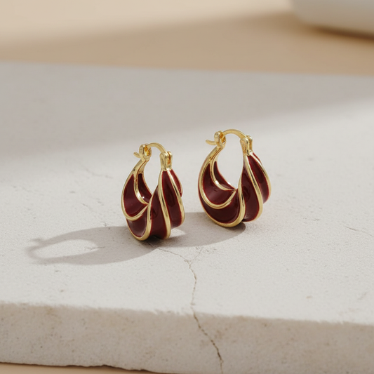 Gold and Maroon Enamel Hoop Earrings – Elegant Twisted Design LE10322