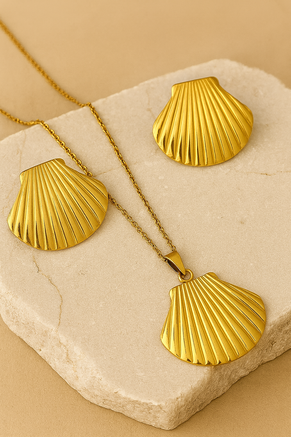 Golden Seashell Necklace and Earrings Set | Ocean-Inspired Women’s Jewelry LN10211