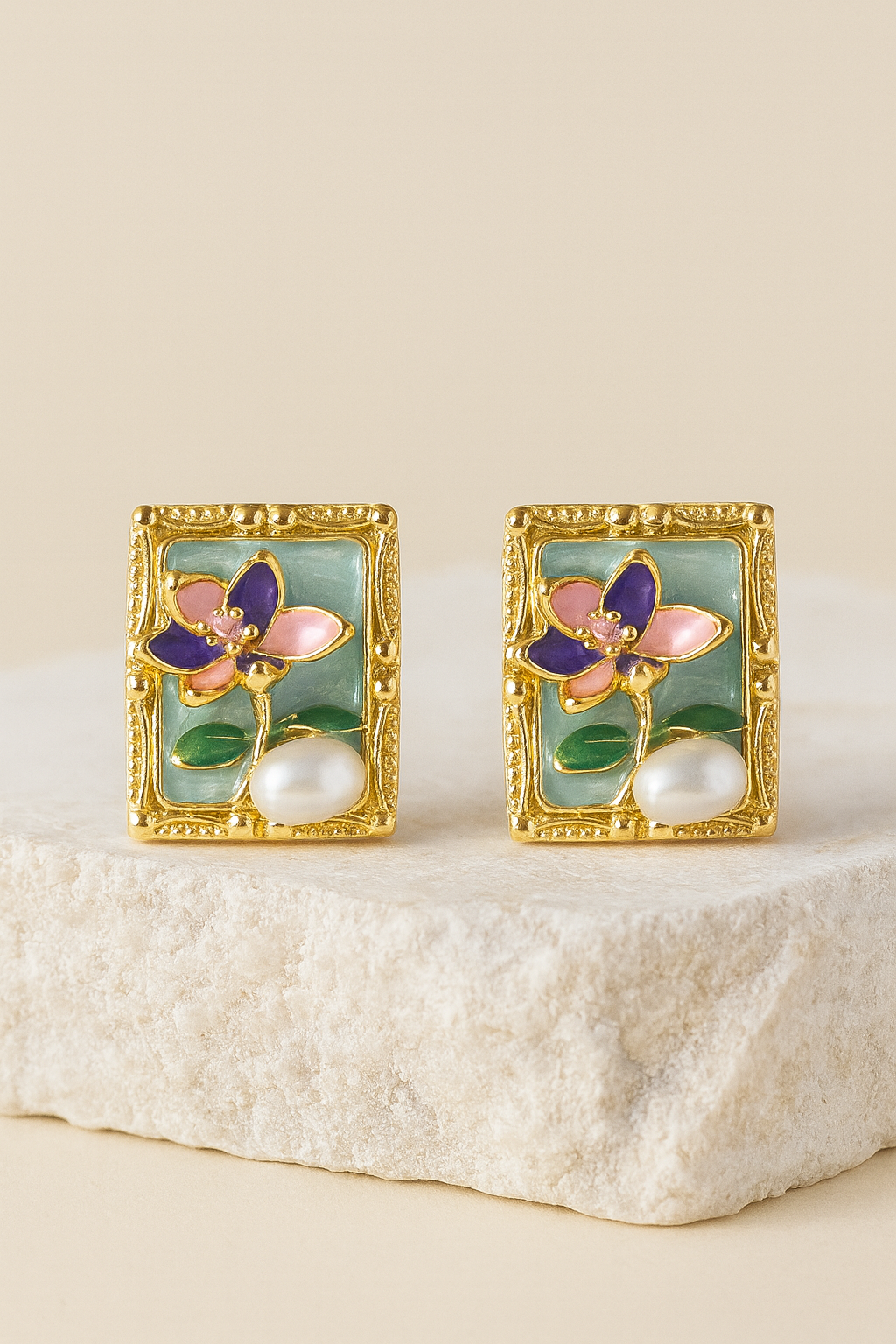 Green Enamel Floral Gold Stud Earrings with Pearl – Artistic Handcrafted Jewelry for Women LE10277