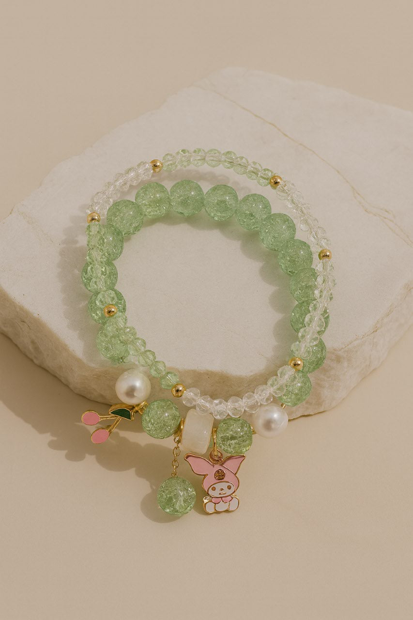 Green Beaded Charm Bracelet  Crystal Beads with Pearl, Cherry & Cartoon Charms LB10077