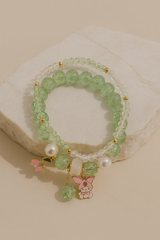 Green Beaded Charm Bracelet  Crystal Beads with Pearl, Cherry & Cartoon Charms LB10077